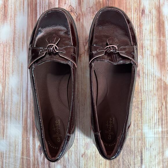 Clarks ASHLAND BUBBLE Sz 12 W Burgundy Maroon Patent Leather Shoes Flats Loafers - Picture 5 of 10
